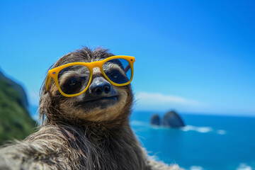 Adventure. A sloth with yellow sunglasses taking a selfie in the sky. Generative AI
