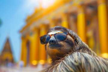 Adventure. A sloth in shades rests by a wooden building, near a turtle sculpture. Generative AI