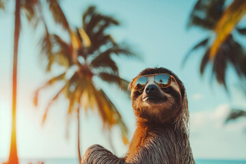 Adventure. A sloth with sunglasses lounges on the beach under a palm tree. Generative AI