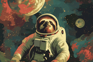 A sloth in astronaut gear floats through space in a painting. Generative AI