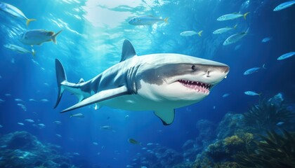 Obraz premium The great White Shark in the ocean, portrait of White shark hunting prey in the underwater