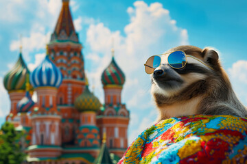 Moscow. A happy raccoon in sunglasses and scarf stands by a temple. Generative AI