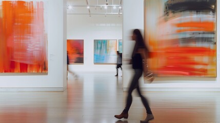 Contemporary art displayed in modern museum, person viewing famous paintings. Blurry and defocused background highlighting visitor engagement and architectural beauty. Indoor. © valiantsin