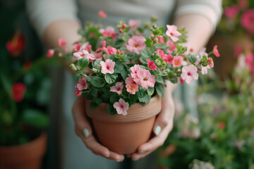 Art of Gardening. A woman holds a potted houseplant with pink flowers in her hands. Generative AI