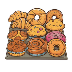  Clip art showcasing a range of bakery items such as croissants, bagels, muffins, cinnamon rolls, and donuts, arranged on a display tray without background.