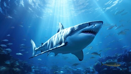 Fototapeta premium The great White Shark in the ocean, portrait of White shark hunting prey in the underwater