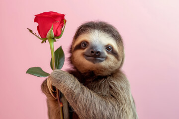 A threetoed sloth gently holds a red rose with its furry paws. Valentines Day. Generative AI