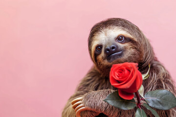 Terrestrial animal, Threetoed sloth, holding red rose in snout. Valentines Day. Copy Space. Generative AI