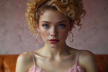 Fototapeta premium Portrait of a Blue-Eyed Blonde in Nightclub Style