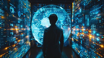 A man stands in front of a computer monitor that displays a large, glowing globe