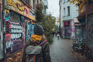 Obraz premium Berlin. Person with backpack walks down street in lively neighbourhood. Generative AI