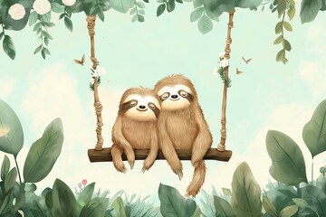 Two sloths happily relax on a swing made of jungle twigs. Generative AI