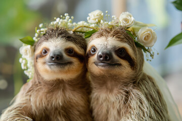 Wedding. Two threetoed sloths with flower crowns in natural habitat. Generative AI