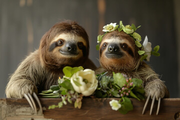 Wedding. Two sloths with flower crowns sitting on wooden box. Generative AI