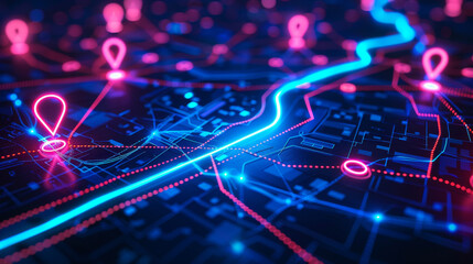 Abstract digital map with a glowing route path and neon pins on a dark background, in blue and pink colors, a high tech concept of global travel