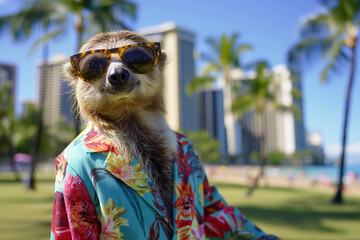 Honolulu. Meerkat in sunglasses and Hawaiian shirt enjoying leisure under the sunny sky. Generative AI