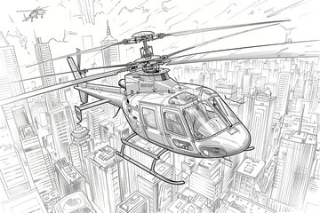 Fototapeta premium A simple outline drawing featuring a cartoon helicopter piloted by a smiling figure, flying over a beautiful landscape, ideal for young children to color