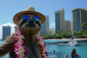 Honolulu. Sloth with hat, sunglasses, and lei under azure sky. Generative AI