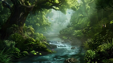 Lazy river flowing through a lush forest