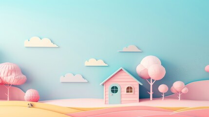 A colorful house with a pink and blue exterior and a pink and blue interior