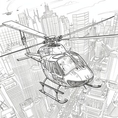Fototapeta premium A simple outline drawing featuring a cartoon helicopter piloted by a smiling figure, flying over a beautiful landscape, ideal for young children to color