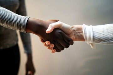 Handshake in closeup, partnership in business. Black and white person showing friendship, cooperation..
