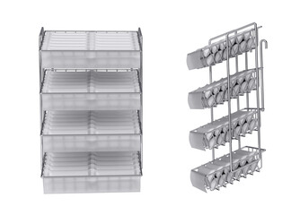 Wire display stand parasite with blank products in plastic packaging. 3d illustration set isolated on white