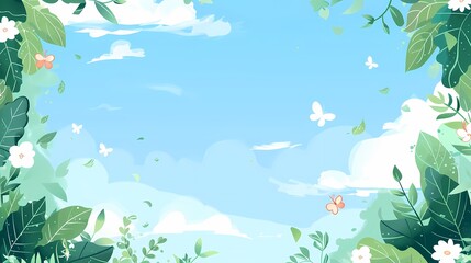 A serene floral frame with a tranquil sky backdrop