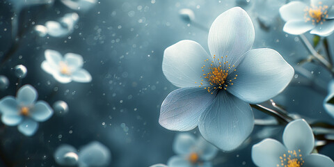 Floral blue background, white flowers close-up, bokeh