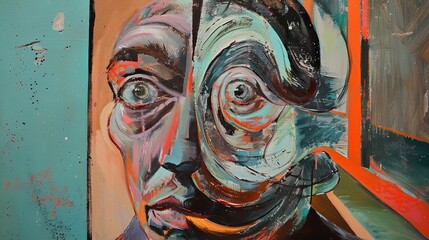 Abstract dual-faced painting expressing human connection and introspection