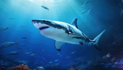 Obraz premium The great White Shark in the ocean, portrait of White shark hunting prey in the underwater