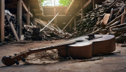 Broken classical guitar found in warehouse