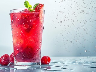 Refreshing raspberry cocktail with water droplets