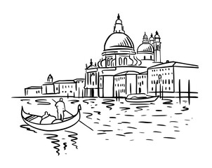Architecture of Venice with a gondola on the water. Vector hand drawn illustration in doodle style on white background © Oleg