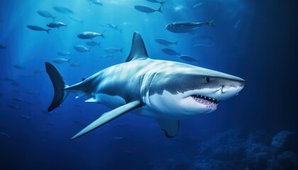 Obraz premium The great White Shark in the ocean, portrait of White shark hunting prey in the underwater