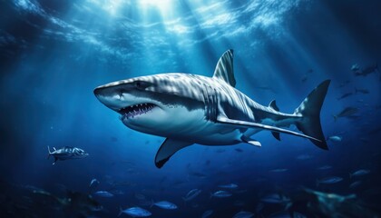 Obraz premium The great White Shark in the ocean, portrait of White shark hunting prey in the underwater
