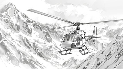 A simple outline drawing featuring a cartoon helicopter piloted by a smiling figure, flying over a beautiful landscape, ideal for young children to color
