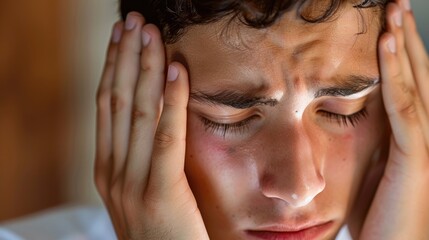 Fototapeta premium A striking close up of a young man in the throes of a severe migraine or intense tension headache possibly triggered by a cluster headache or stress as he cradles his head in agony temples 