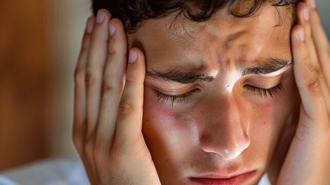 A striking close up of a young man in the throes of a severe migraine or intense tension headache possibly triggered by a cluster headache or stress as he cradles his head in agony temples 
