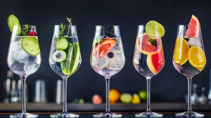 A colorful selection of gin and tonic: Fresh Twist on a dark fuzzy background