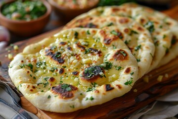 A plate of four flatbreads with parsley on top