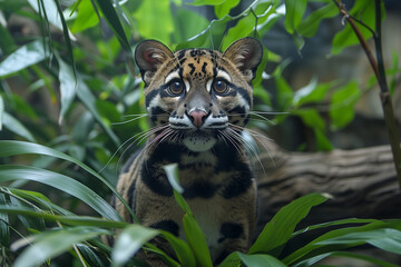 Captivating portrait of a young clouded leopard peering through lush green foliage, its vivid markings perfectly blending with the dense jungle environment
