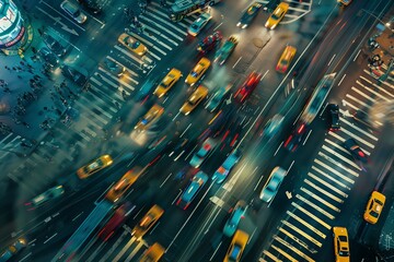 Night city road, fast-moving cars, busy highway. Aerial view of modern urban traffic, illuminated streets, no people visible, technology in motion..