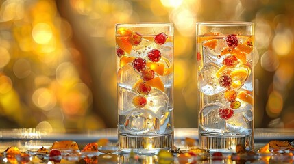   A zoomed-in image of two water glasses containing fruits on the interior and exterior of the glasses