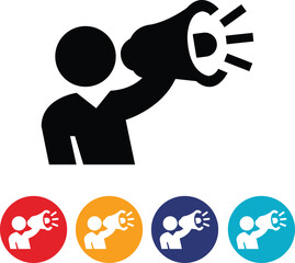 Person holding megaphone icon in flat set Public announce promotions, yell out to staff give a speech or use loud voices to make a statement. vector for apps or web isolated on transparent background