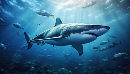 Fototapeta premium The great White Shark in the ocean, portrait of White shark hunting prey in the underwater