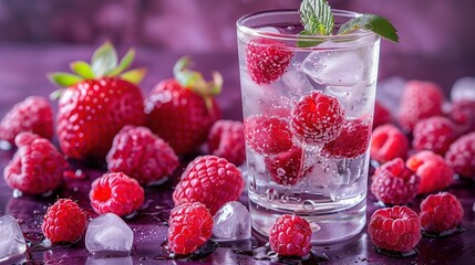   Ice-filled glass with raspberries on a purple surface, surrounded by extra raspberries