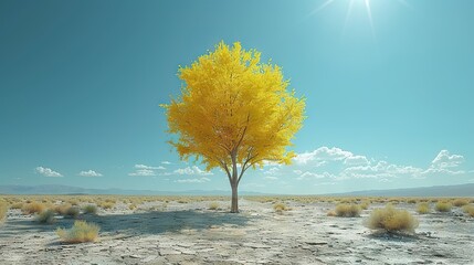   A solitary tree stands tall amidst the arid expanse, its vibrant yellow leaves contrasting against the cerulean backdrop of the boundless sky above