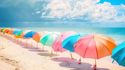 Vibrant colored umbrellas lining a sandy shore