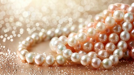   Close-up of a strand of pearls on a table with a book of lights in the background